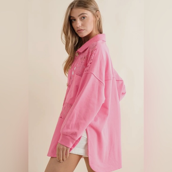NEW blue b Hot Pink Floral Lace Contrast French Terry Oversized Shirt Jacket S - Picture 4 of 6